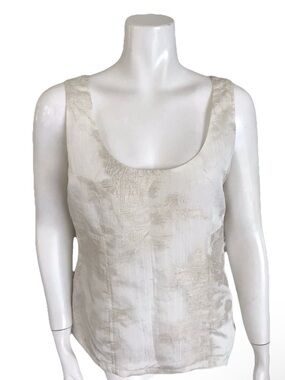 Ellen Tracy Ivory Metallic Linen Blend Cream Floral Blouse Tank Top Size 8